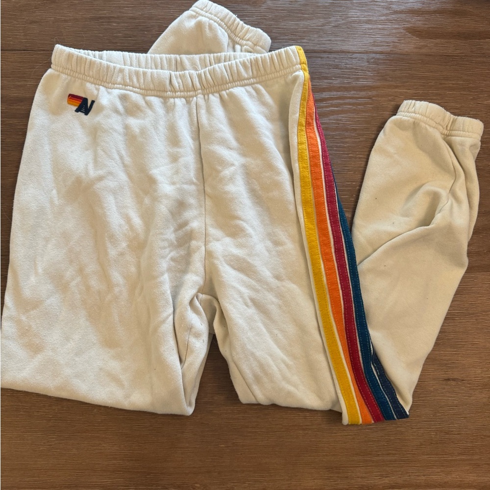 Aviator Nation White Sweatpants with Rainbow Stripe